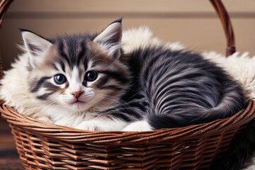 Adorable Kitten Relaxing in a Soft Basket Fluffy Pet Portrait