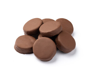 A group of brazilian Pao de Mel or chocolate covered honey cookies isolated over white background