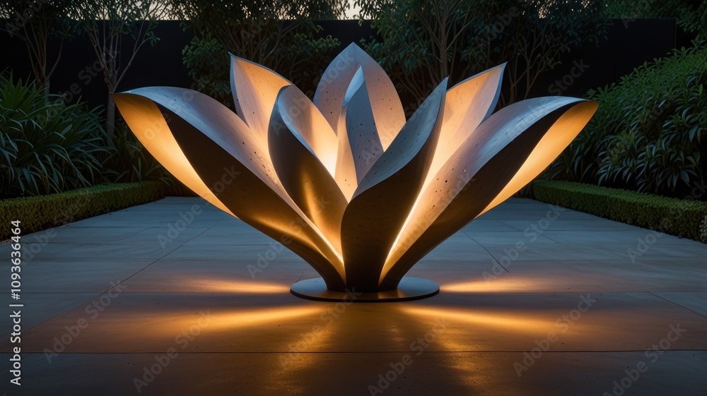 Poster here's a and keyword list for your image.. illuminated metal sculpture resembling a lotus flower in 