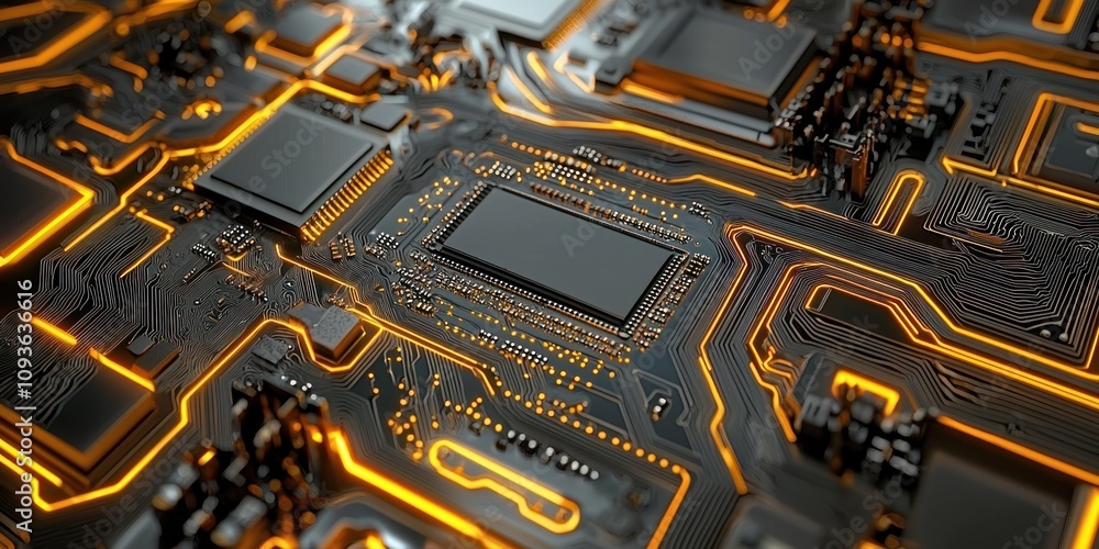 Poster close-up of a circuit board with glowing orange lines