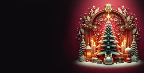 christmas decorations ornament with tree branches, candle, snowflake and christmas ball