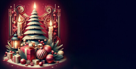 christmas decorations ornament with tree branches, candle, snowflake and christmas ball