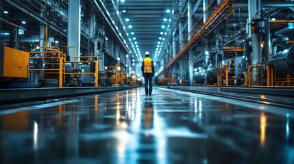Fototapeta premium A worker in safety gear walks through a well-lit industrial facility.