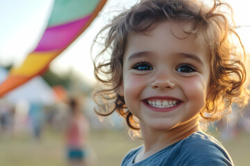 Children laugh and play under colorful kites at an outdoor summer festival