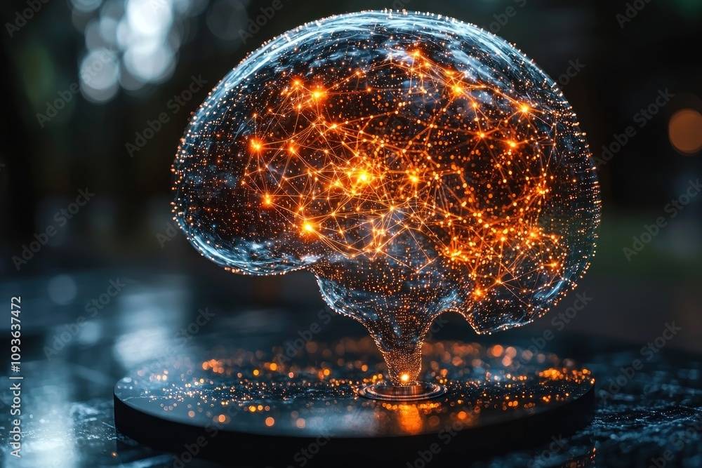 Poster Illuminated Brain with Interconnected Network of Glowing Nodes