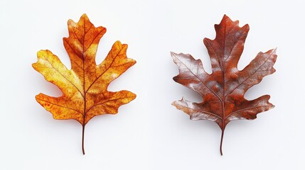 Fototapeta premium Autumn oak leaves: vibrant yellow and rich brown contrast on white background