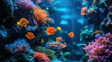 Naklejka premium Vibrant Orange Fish Swimming Amidst Lush Coral Reef