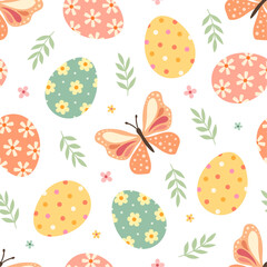 Spring floral Easter pattern with eggs, butterflies, flowers