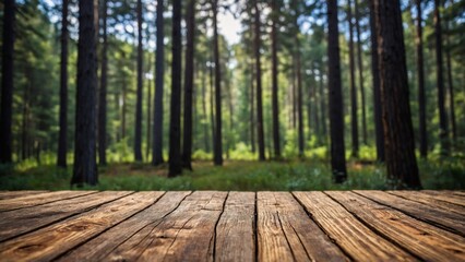 Rustic wood board table mockup surface with outdoor woodland forest trees background