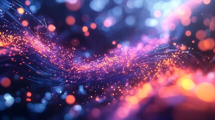 Obraz premium Fiber optic strands illuminated by flashing light signals, showcasing digital data transmission through fiber optic cables.