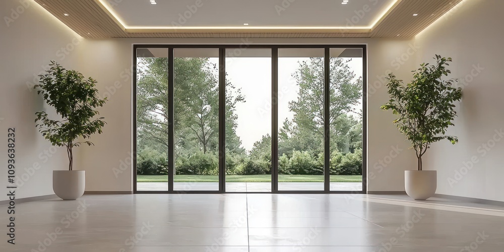 Poster minimalist interior design with large windows and greenery