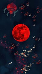 a red moon and a red lantern in the sky, blood moon background