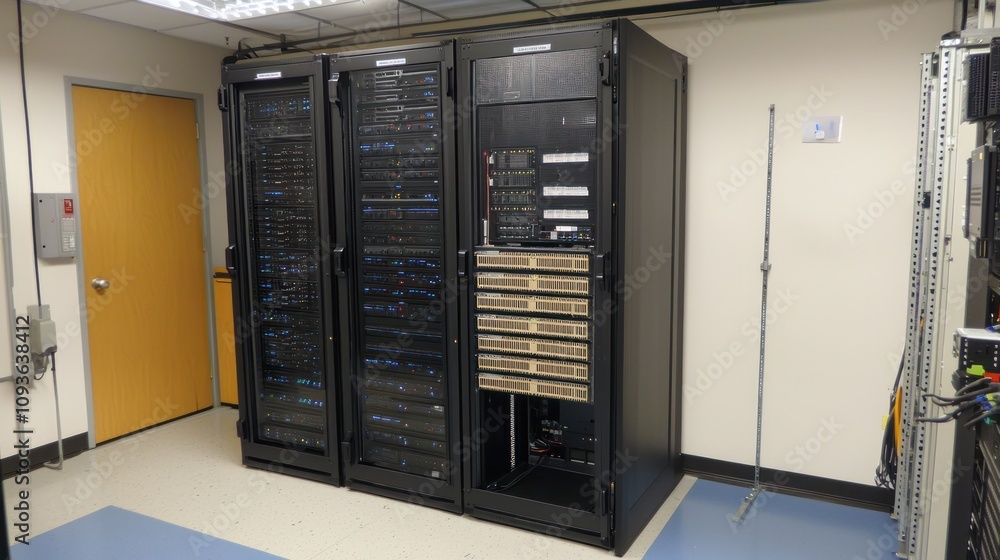 Poster Server racks in a data center with lights and cables