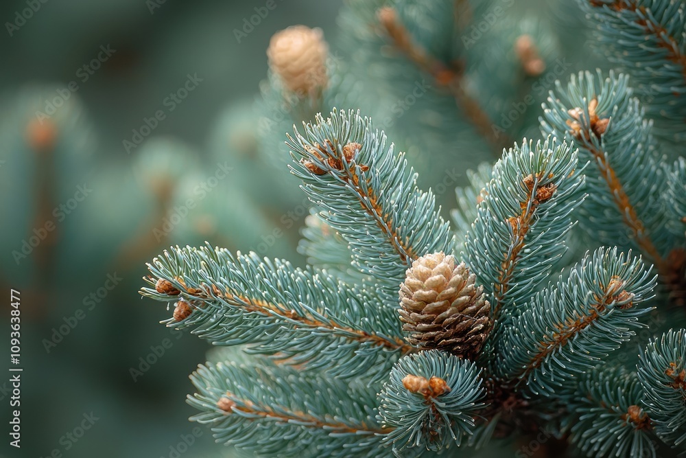 Aufkleber close-up of a blue spruce tree branch with cones