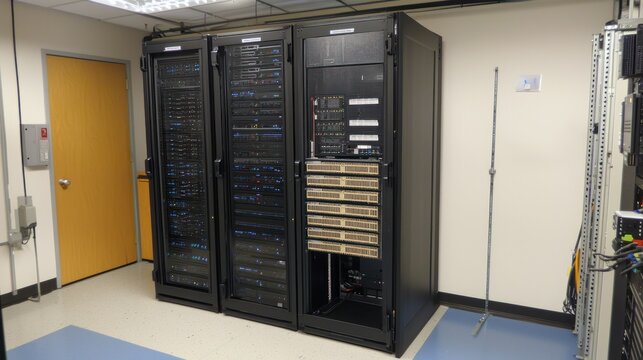Server racks in a data center with lights and cables