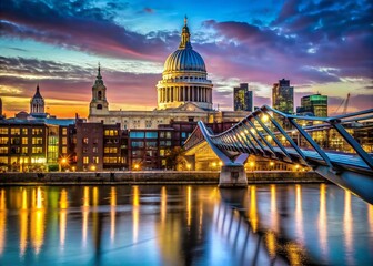 Fototapeta premium Stunning View of St Paul's Cathedral Across the Millennium Bridge from Tate Modern Gallery, Showcasing London's Iconic Skyline at Dusk with Beautiful Lighting and Reflections