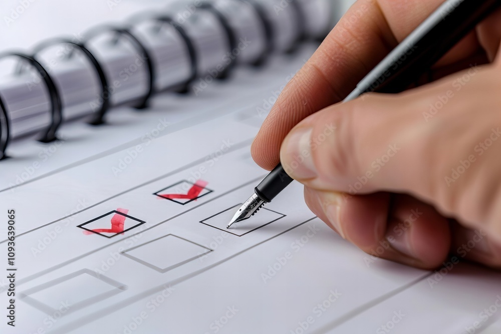 Poster close-up shot of hand holding pen and checking boxes on survey or report form