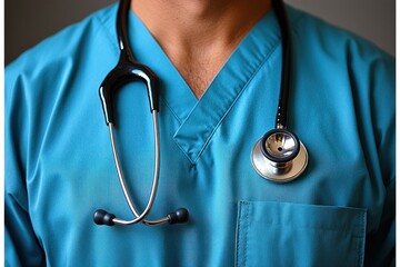 Closeup of a Stethoscope on a Blue Medical Uniform