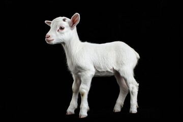 Obraz premium the beside view baby Anglo-Nubian goat standing, left side view, low angle, white copy space on right, Isolated on black Background