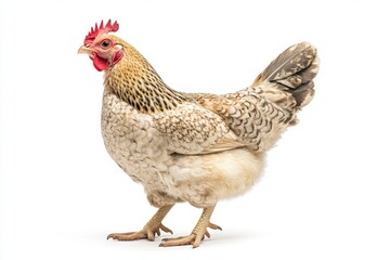 the beside view baby Wyandotte chicken standing, left side view, low angle, white copy space on right, Isolated on White Background