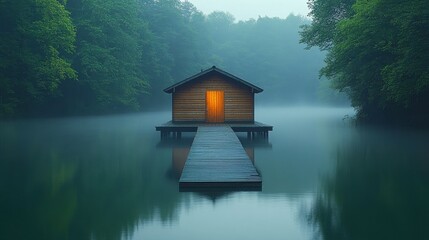 Fototapeta premium Tranquil Lakeside Cabin Surrounded by Fog and Lush Greenery at Dusk, Warm Glow from Door Illuminates Serene Waters Reflecting Nature's Beauty