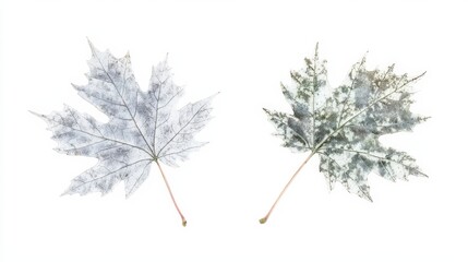 Two frost-covered leaves showcasing winter's artistic touch