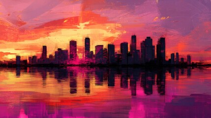 Fototapeta premium Vibrant Sunset Cityscape, Abstract Painting