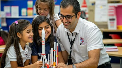 A teacher guides students in a classroom science project building a model rocket during a school day