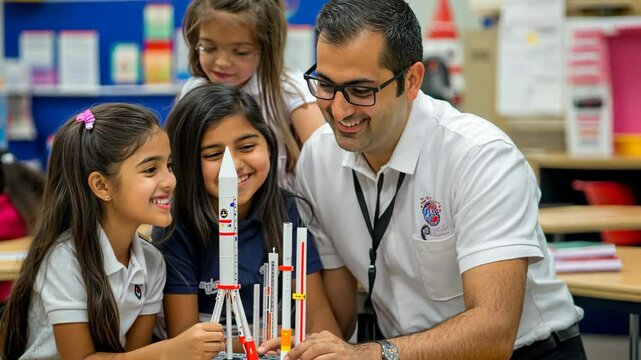 A teacher guides students in a classroom science project building a model rocket during a school day - Powered by Adobe
