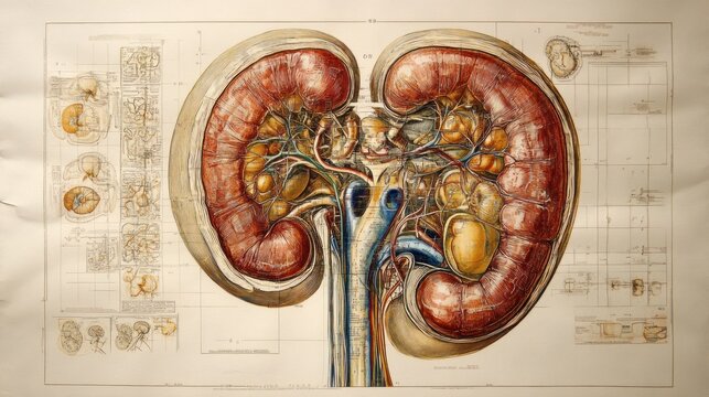 Vintage Anatomical Illustration of a Human Kidney: A Detailed Cross-Section Showing Renal Structures, Vessels, and Internal Anatomy