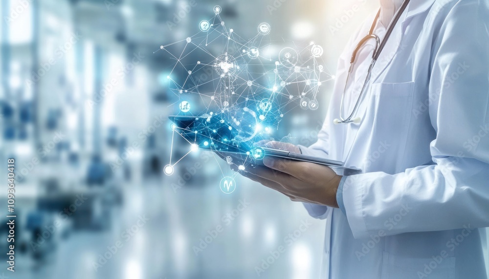 Poster Doctor Using Digital Tablet with Network Interface of Healthcare Data