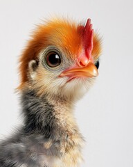 Fototapeta premium Mystic portrait of baby Brahma Chicken, copy space on right side, Headshot, Close-up View, isolated on white background