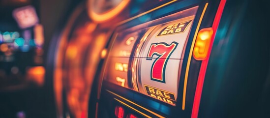 Close-up of a slot machine with a lucky seven in the window