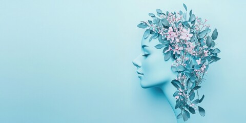 Blue Female Profile with Pink Flowers and Green Leaves