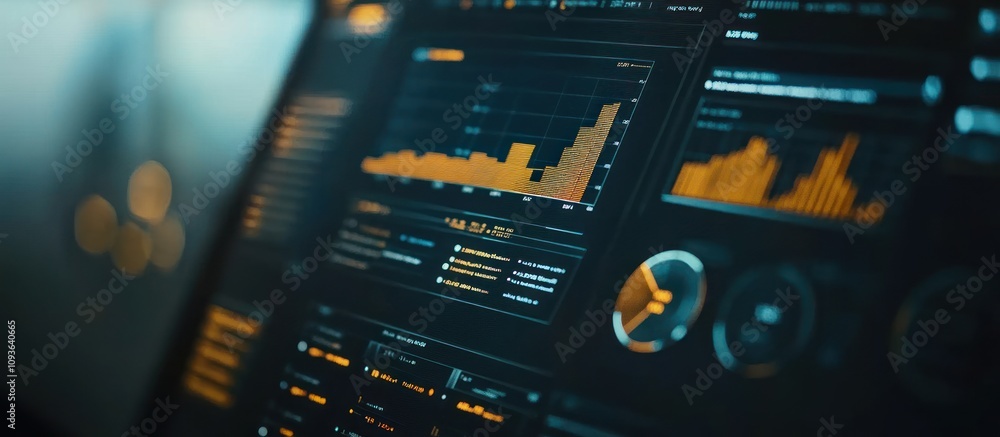 Poster Close-up of a computer screen displaying financial data, graphs, and charts.