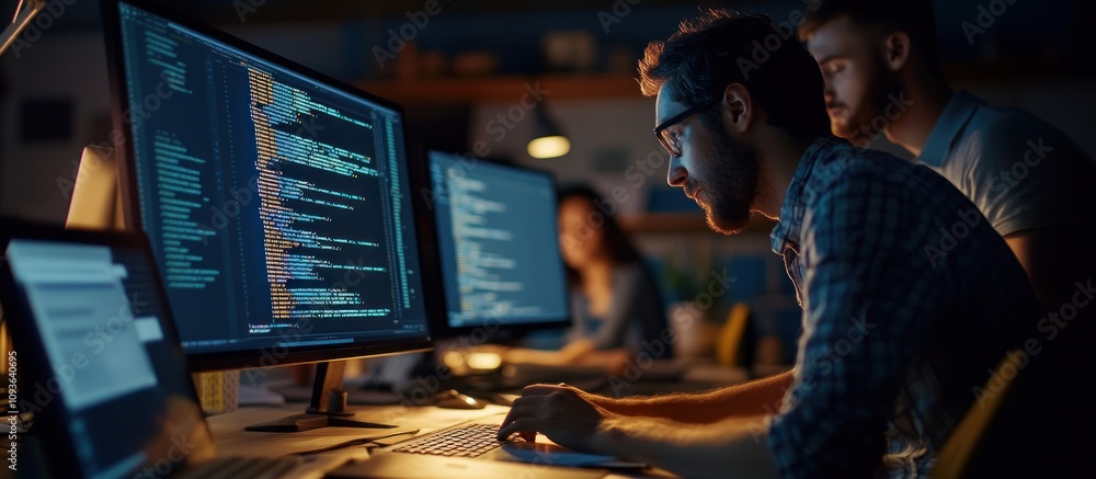 Poster Focused Programmer Working Late at Night in Front of a Computer with Code on the Screen