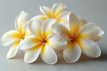 Fototapeta premium Close-up of White and Yellow Plumeria Flowers with Water Droplets