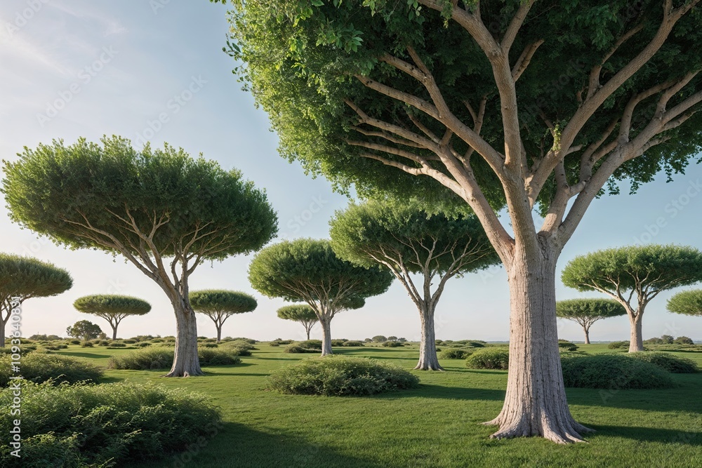 Poster stylish 3d rendering of treetops for landscape visualization and eco-friendly atmosphere
