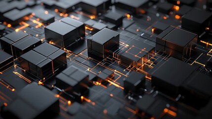 Abstract Black and Orange Cubes with Interconnected Lines