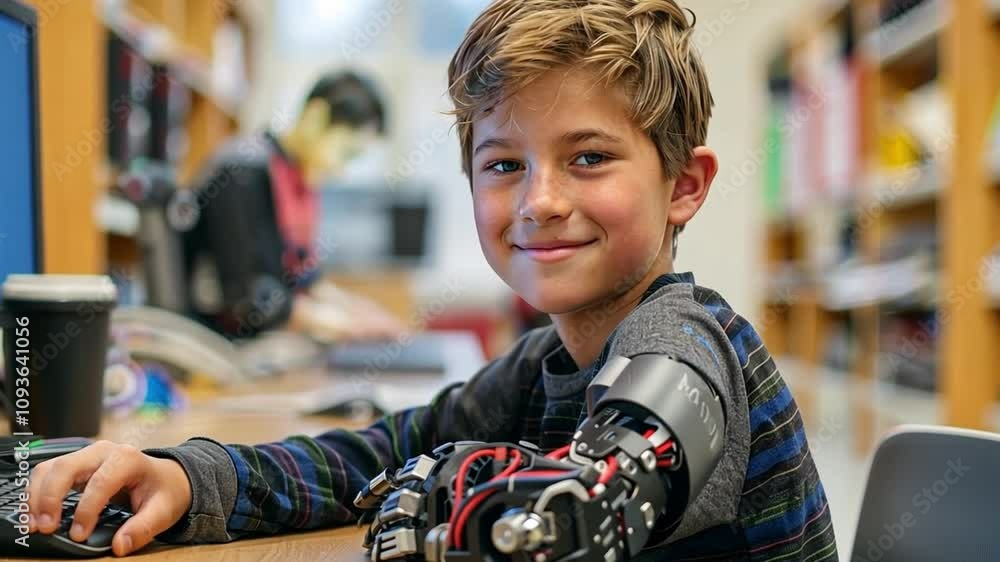 Aufkleber A boy with a robotic arm sits confidently at a desk in a classroom, demonstrating his innovative project. He smiles as he engages with the technology around him.
