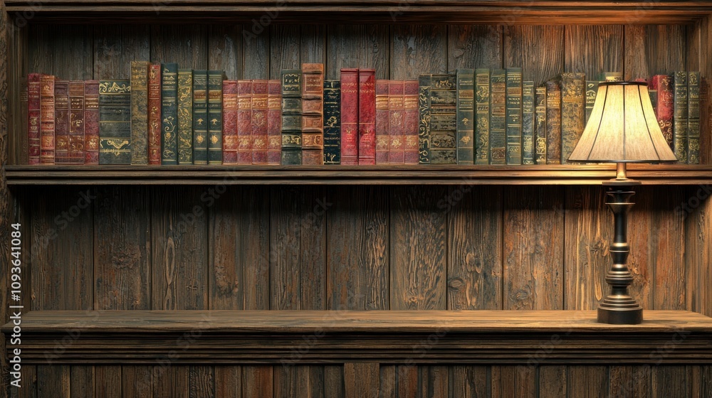 Poster antique bookshelf with lamp and empty shelf