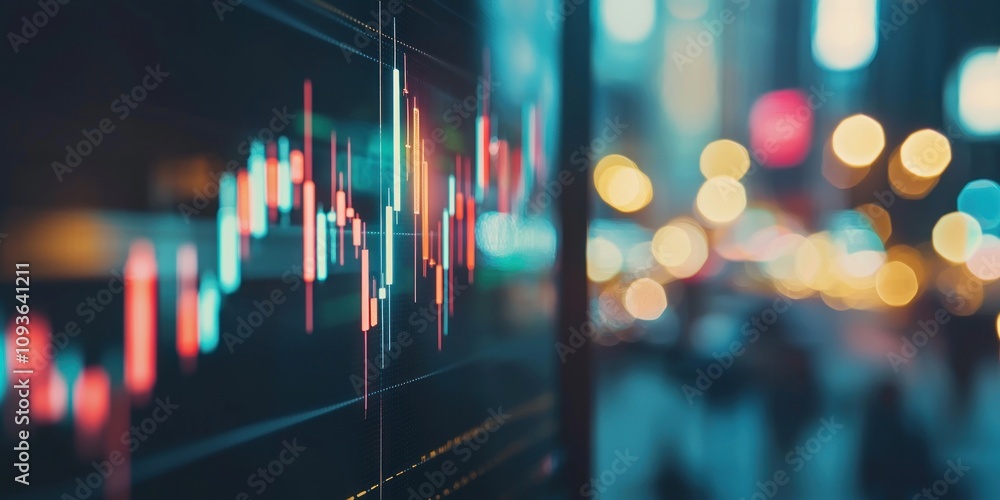 Poster stock market data display with city lights in the background