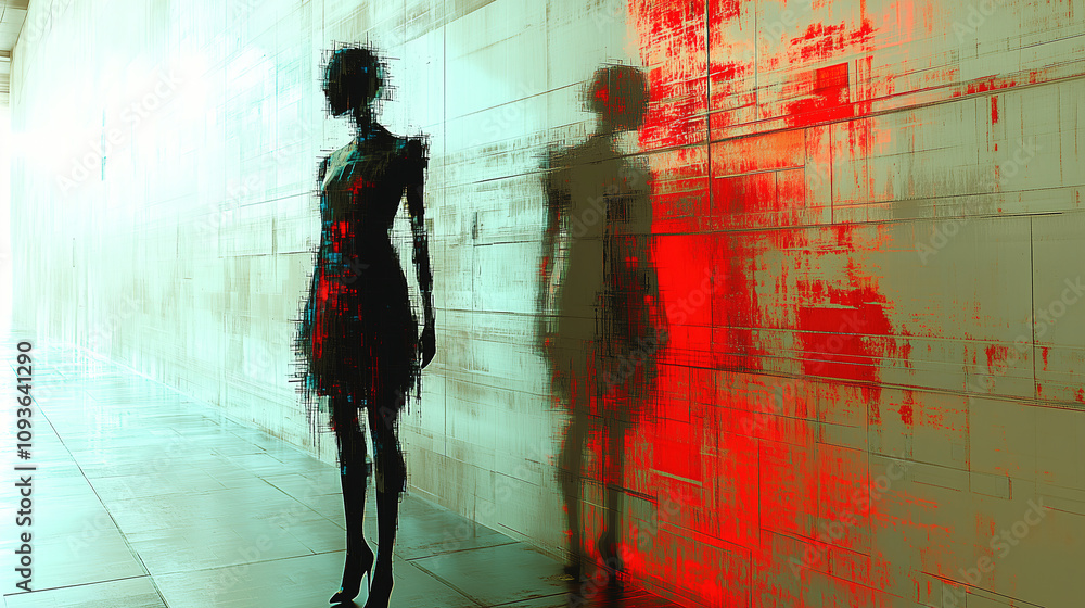 Poster artistic mannequin casting a colorful shadow in a modern hallway with abstract wall design. generati