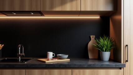 A dramatic black backsplash with textured 3D details contrasts with light wood tones under soft, modern LED lighting.