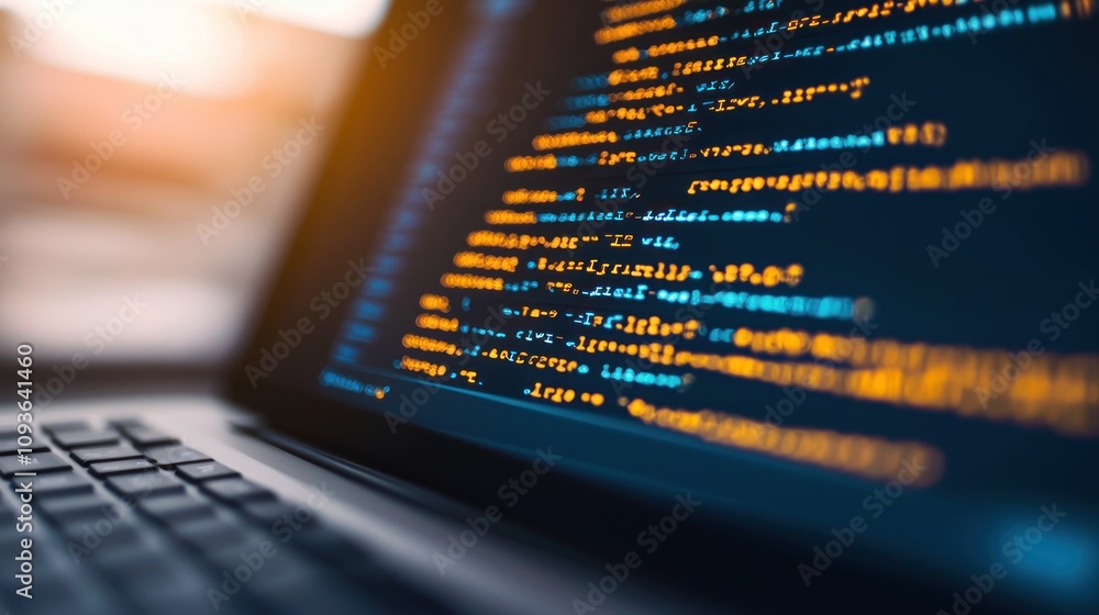 Aufkleber Close-up of a Laptop Screen Displaying Code with Blurred Keyboard in the Foreground