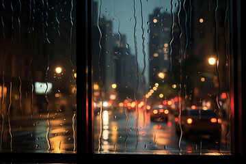 Obraz premium Rainy city street viewed from a window, reflections of car lights on wet pavement