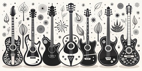 Stylish Black and White Guitars Collection Featuring Acoustic and Electric Musical Instruments Perfect for App and Web Design with Doodle Elements and Silhouettes