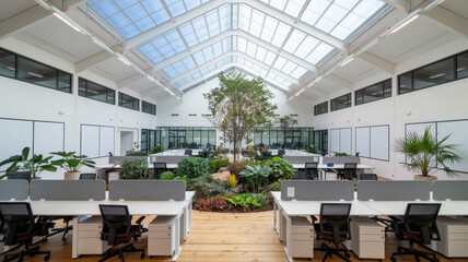 Modern office space featuring a large indoor garden with plants and natural lighting, creating a vibrant and refreshing work environment.