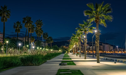 Obraz premium palm tree alley night at beautiful coastal town, tropical city illuminated street at evening