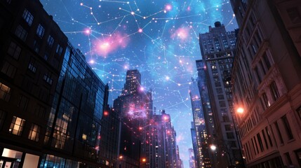 City night skyline with starry overlay